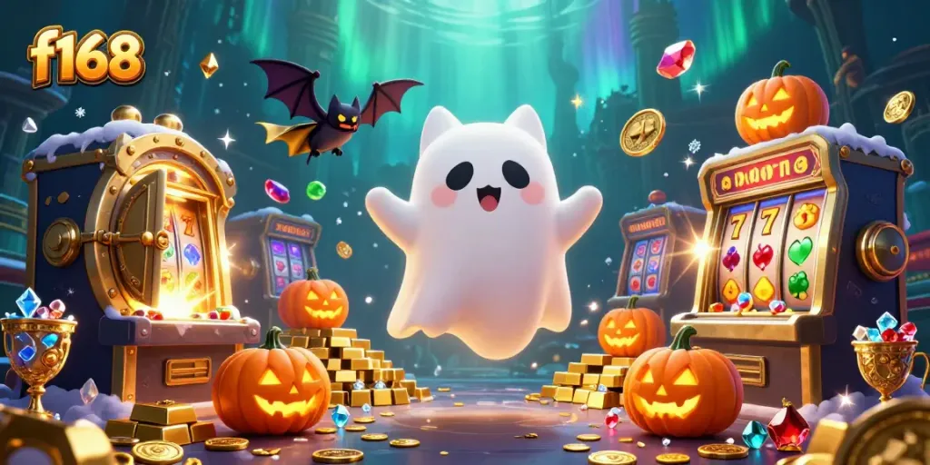 Join the fun at f168 with a magical haunted casino scene featuring a friendly ghost cat, vampire bat, and glowing poker jack-o-lanterns.