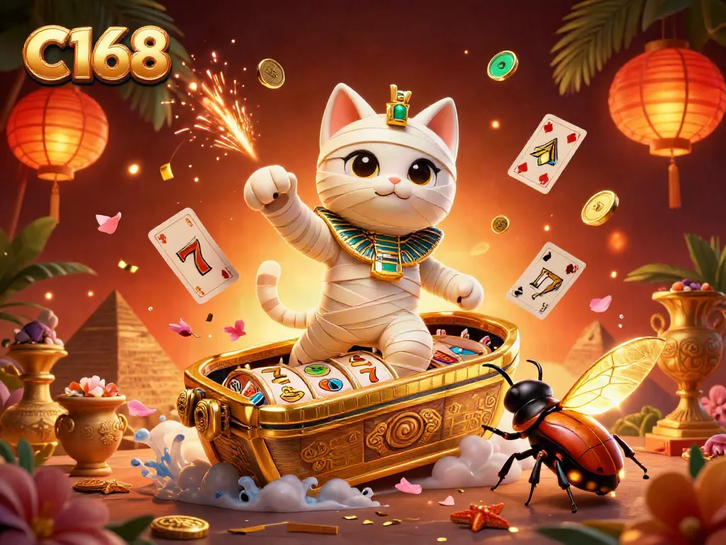 Spin with C168 in a vibrant casino scene featuring a mummy cat and golden scarab with slot game elements.
