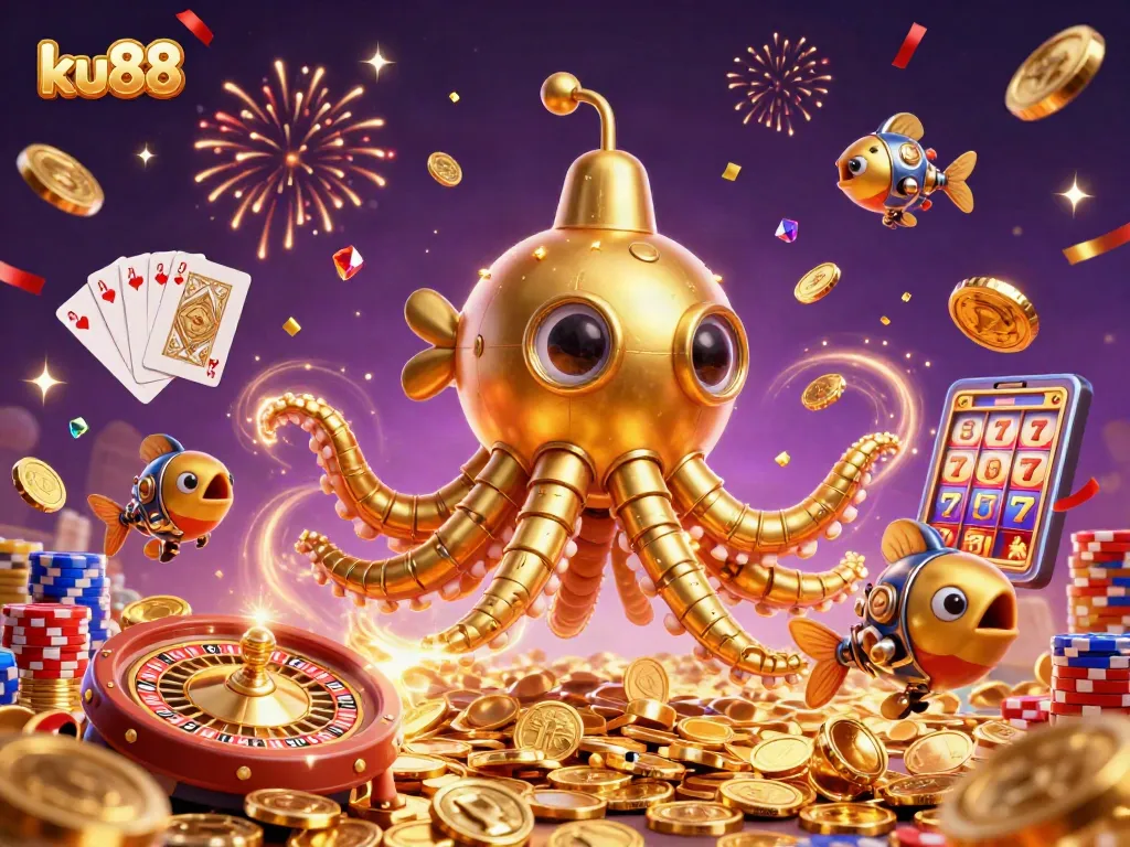 Engage with ku88 at a vibrant casino illustration featuring golden kraken and dynamic gambling elements.