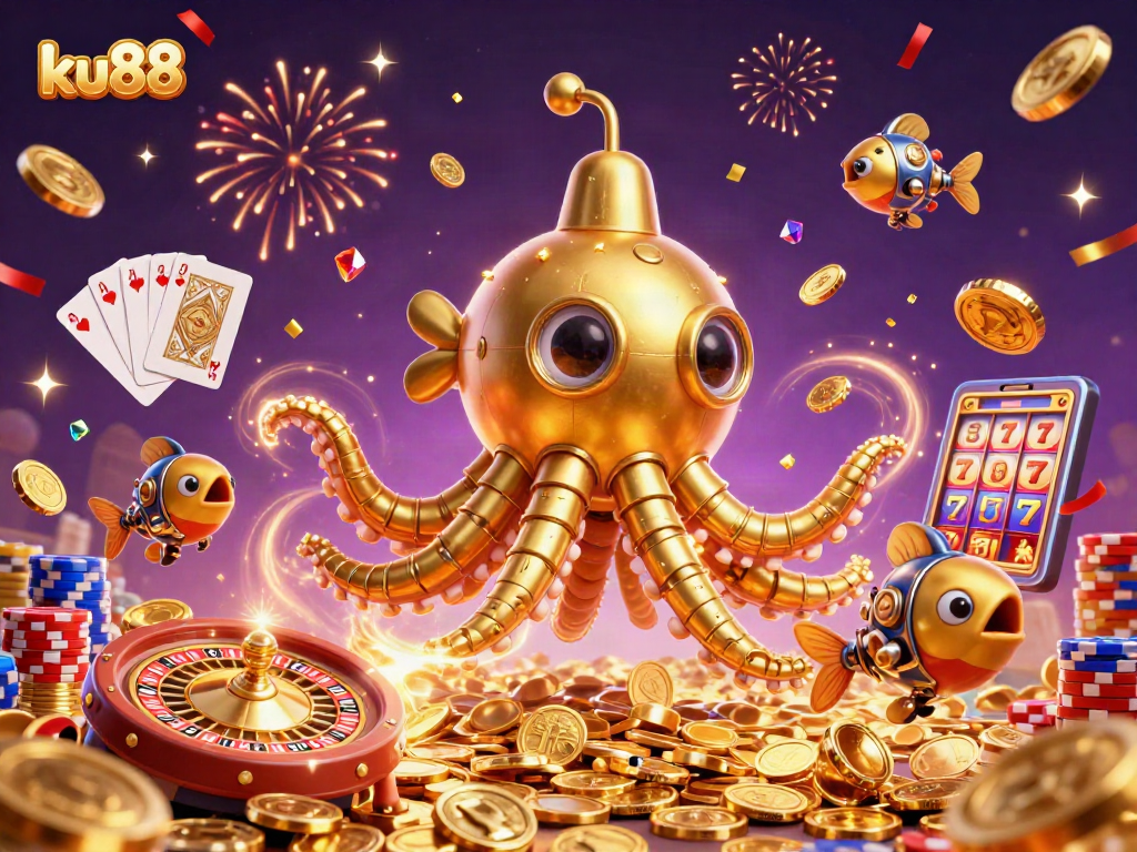 Engage with ku88 at a vibrant casino illustration featuring golden kraken and dynamic gambling elements.
