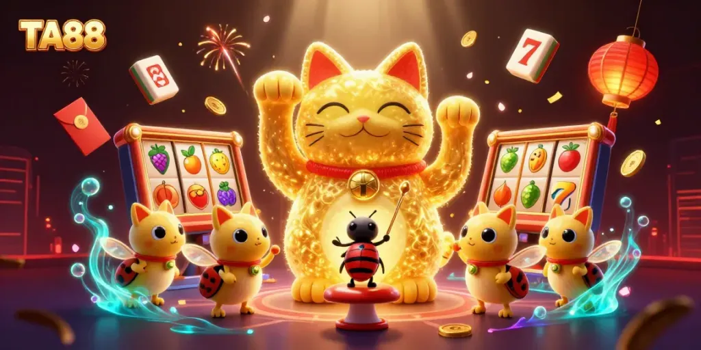 Engaging scene of TA88 featuring a lucky cat, swirling casino symbols, and dynamic gaming elements set in a rich casino atmosphere.