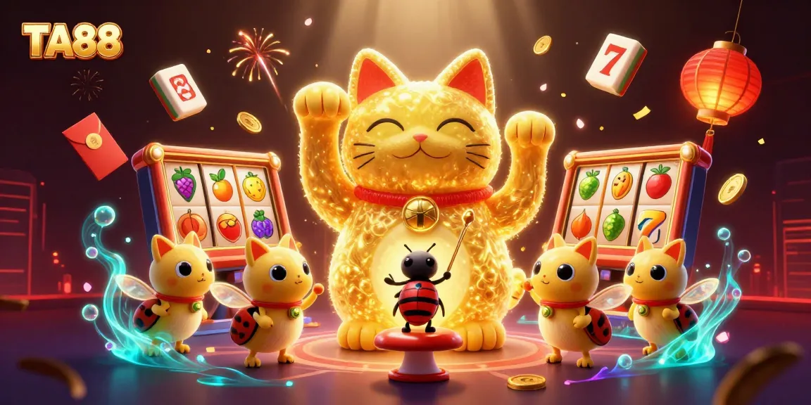 Engaging scene of TA88 featuring a lucky cat, swirling casino symbols, and dynamic gaming elements set in a rich casino atmosphere.