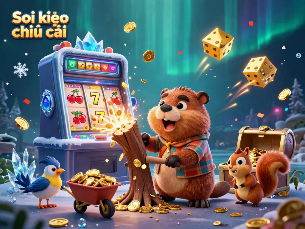 Soi kèo nhà cái vibrant illustration featuring a beaver, bird, and squirrel amidst a jackpot scene with coins and slot machine elements.