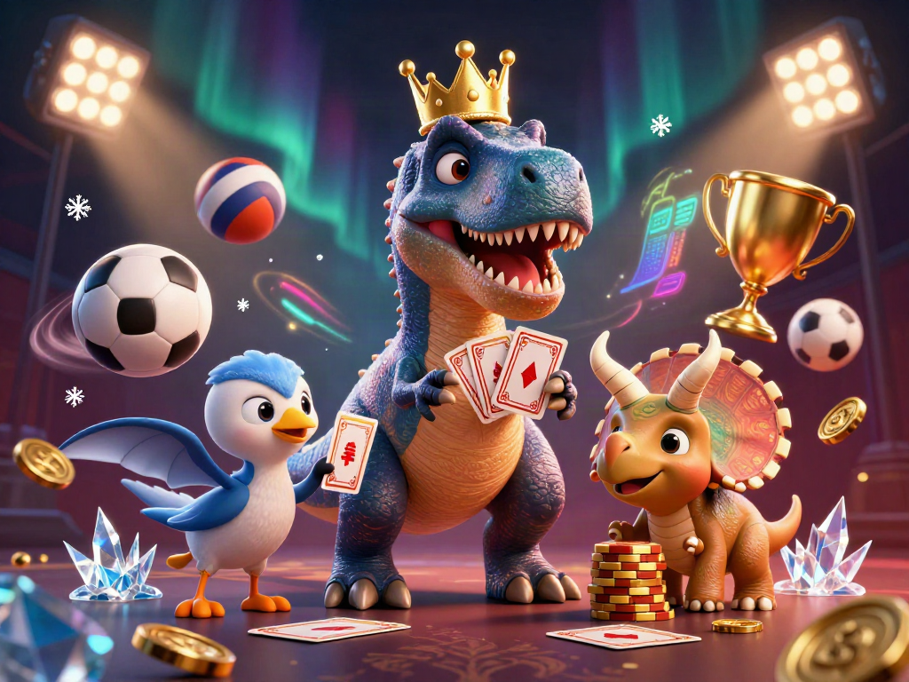 Engaging scene of Fabet's gambling world with a T-Rex and friends playing and betting.