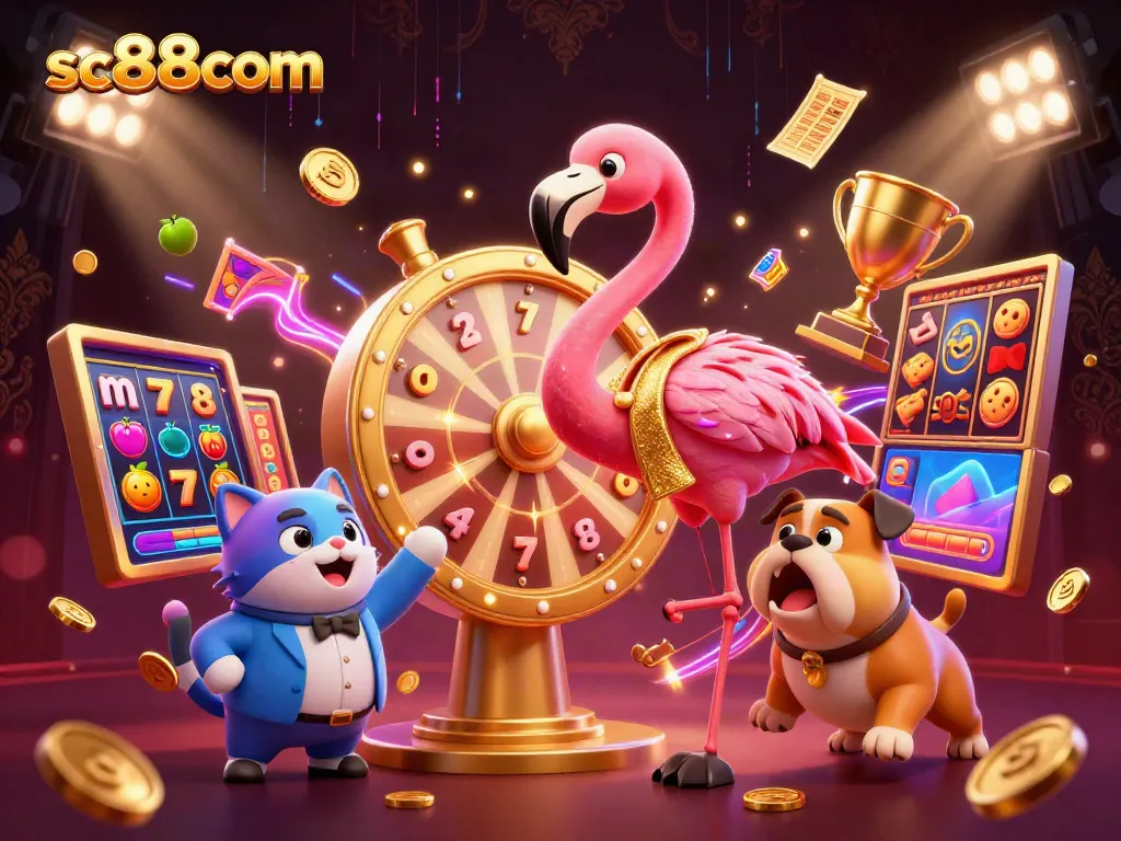 Spin the prize wheel with SC88com characters and casino elements in a vibrant 3D illustration.