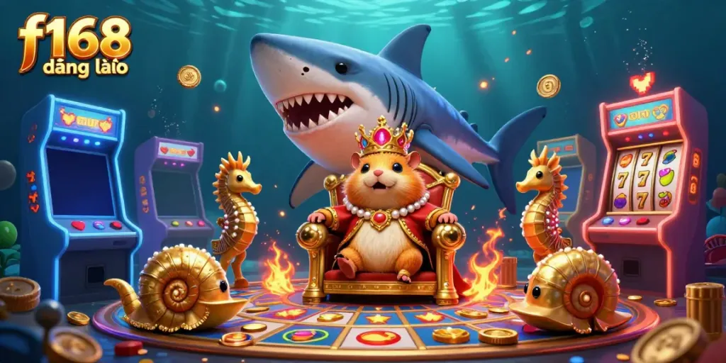 Experience f168 đăng nhập with a dynamic casino scene featuring a golden hamster king, arcade games, and vivid casino elements.