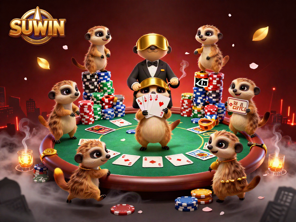 Sneak chips with SUWIN as meerkats run an elaborate casino operation, surrounded by vibrant poker elements.