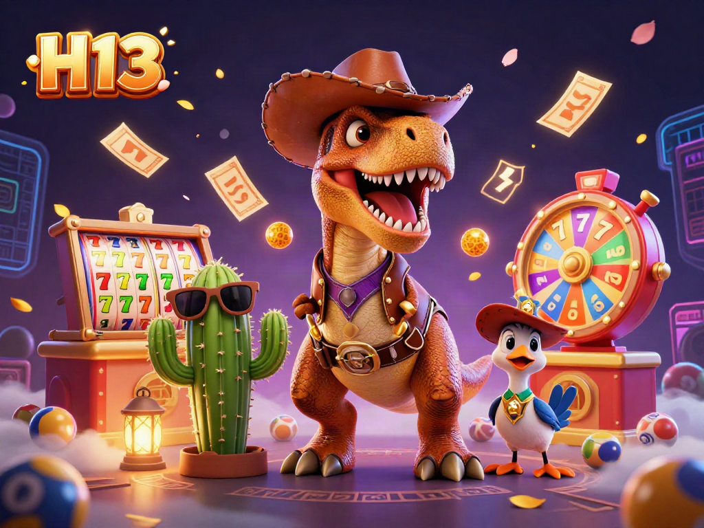 Engage with H 13's exciting casino games featuring a cartoon dinosaur, cactus, and roadrunner amidst vibrant gaming elements.