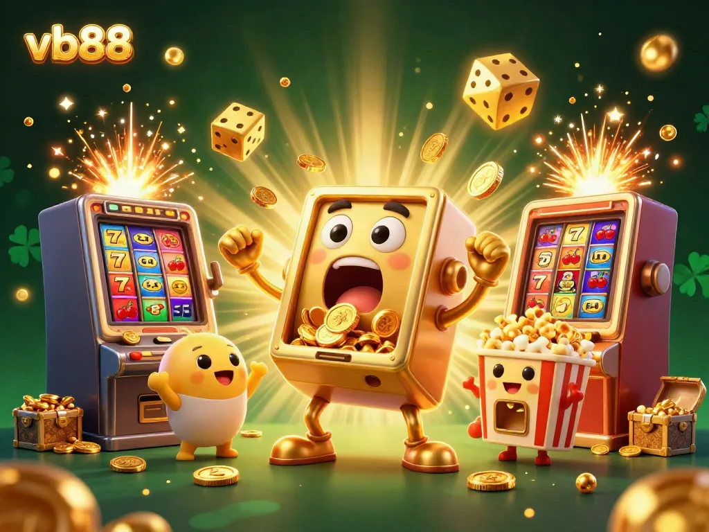 Experience thrilling wins at VB88 with a cartoon golden slot machine celebrating its jackpot.