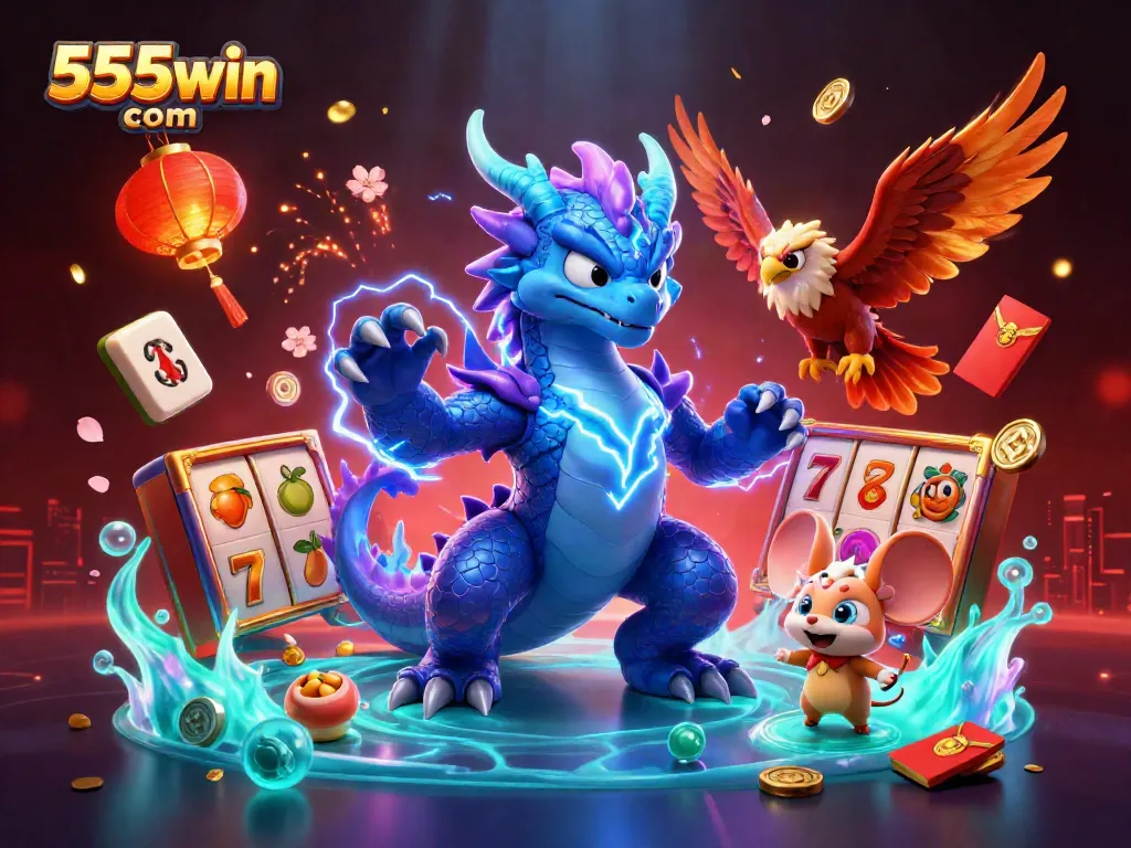 Experience dynamic gaming excitement with the 555win com illustrated scene featuring vibrant casino elements and characters.