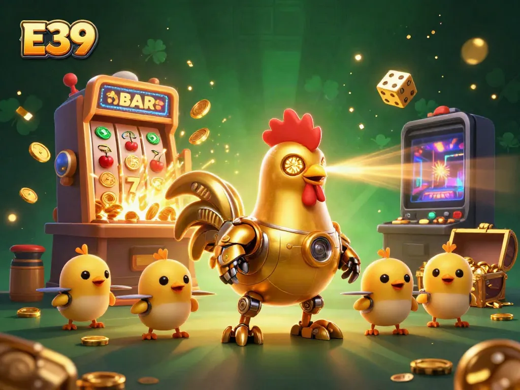 E39 showcases a vibrant slot machine scene bursting with coins and a golden rooster robot leading the action.