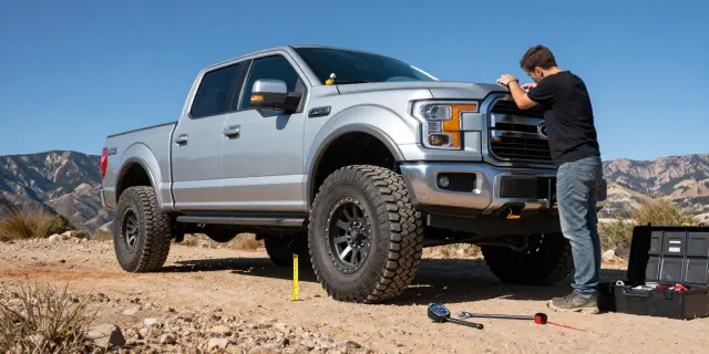 Ford 150 truck lifted with leveling kit amidst rugged terrain, showcasing off-road readiness and inspection by owner.