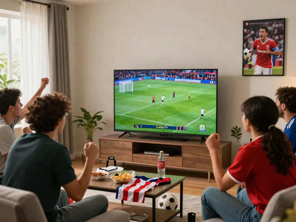 Friends excitedly watching CakhiaTV for live football action in a vibrant living room.