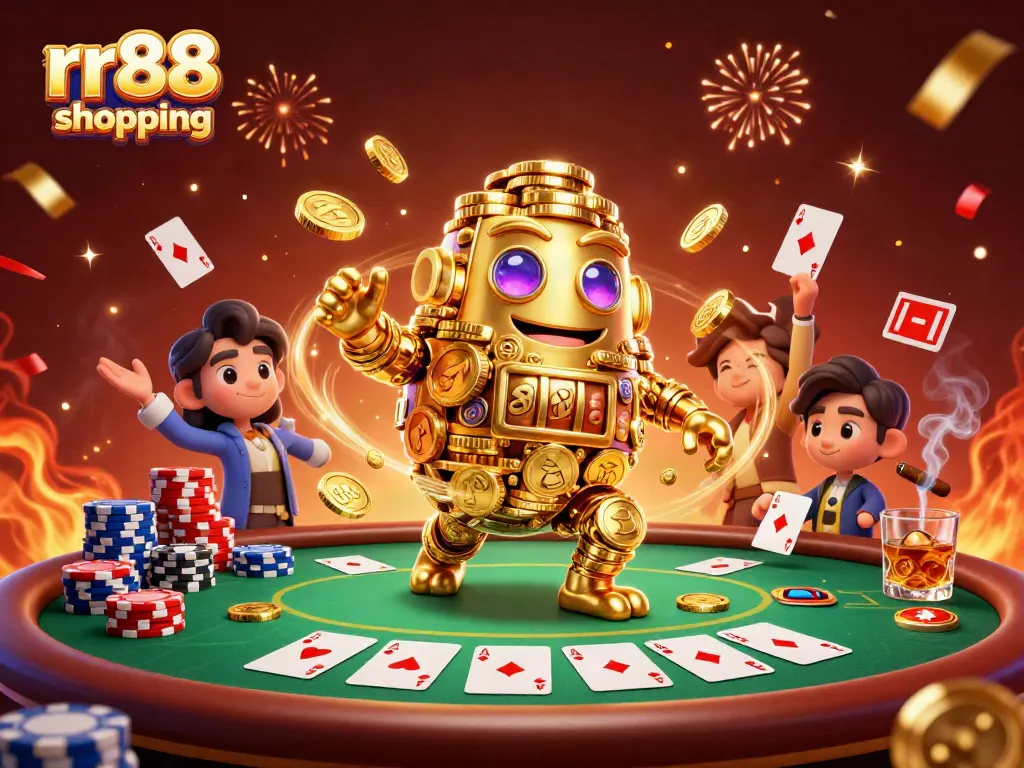 Engage with rr88 shopping at a vibrant 3D casino scene featuring a golden golem and poker elements.