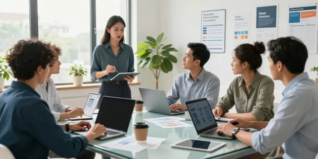 Team collaborating in a modern office on a free business listing platform, showcasing a vibrant workspace.