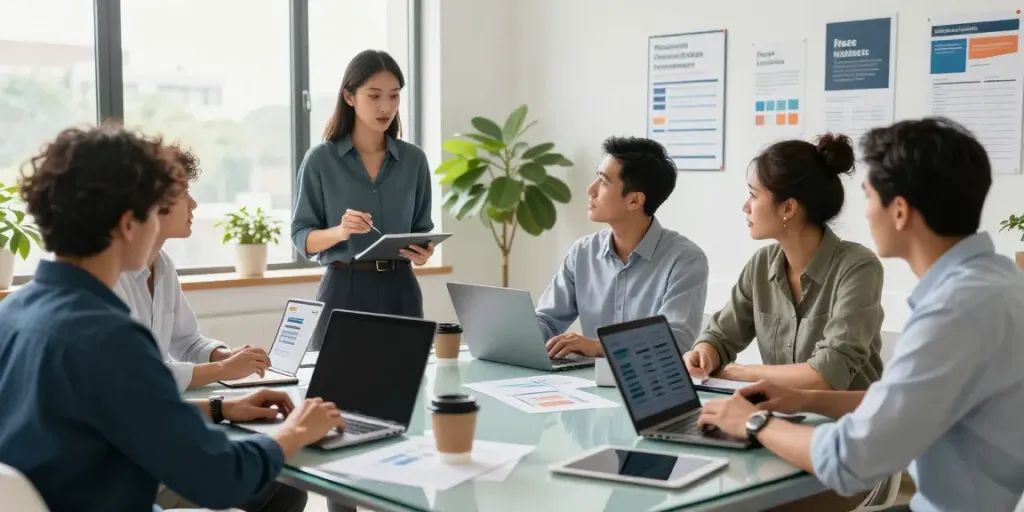 Team collaborating in a modern office on a free business listing platform, showcasing a vibrant workspace.