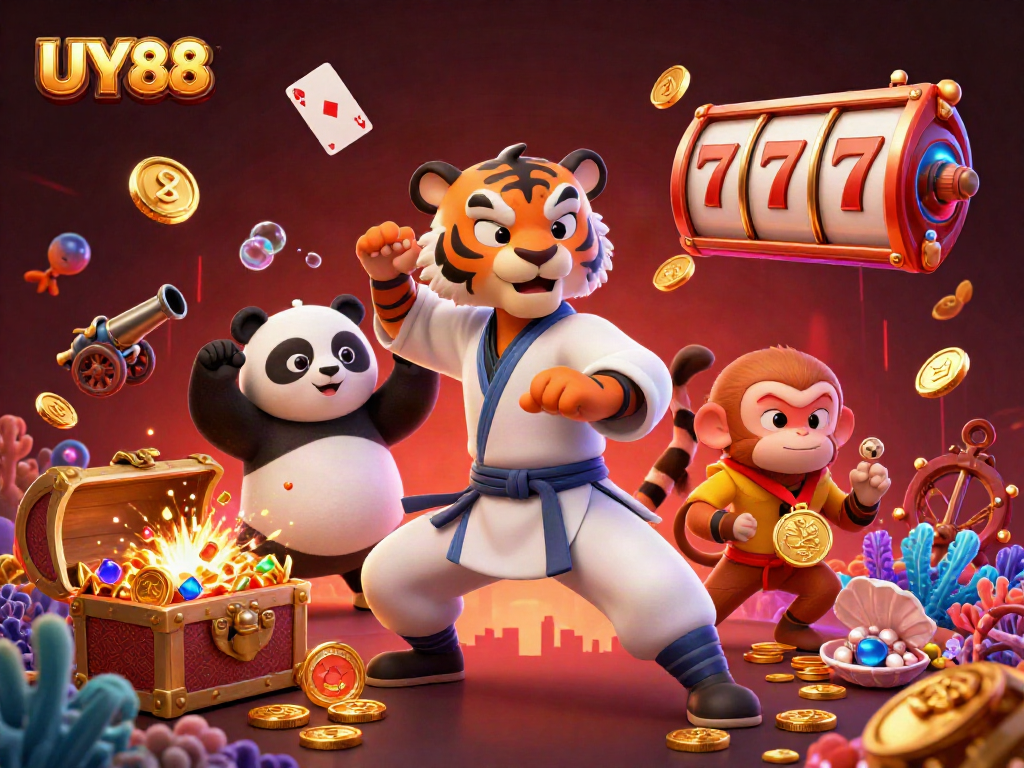 Experience UY88's vibrant casino ambiance with a playful tiger master, panda, and monkey amidst golden treasures.