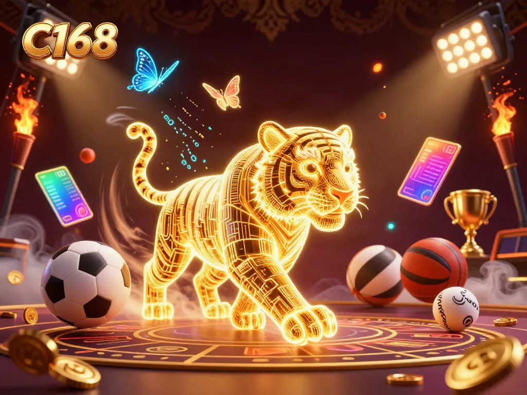 Experience thrilling adventures at C168 casino with our vibrant 3D illustration of a golden tiger and dynamic sports elements.