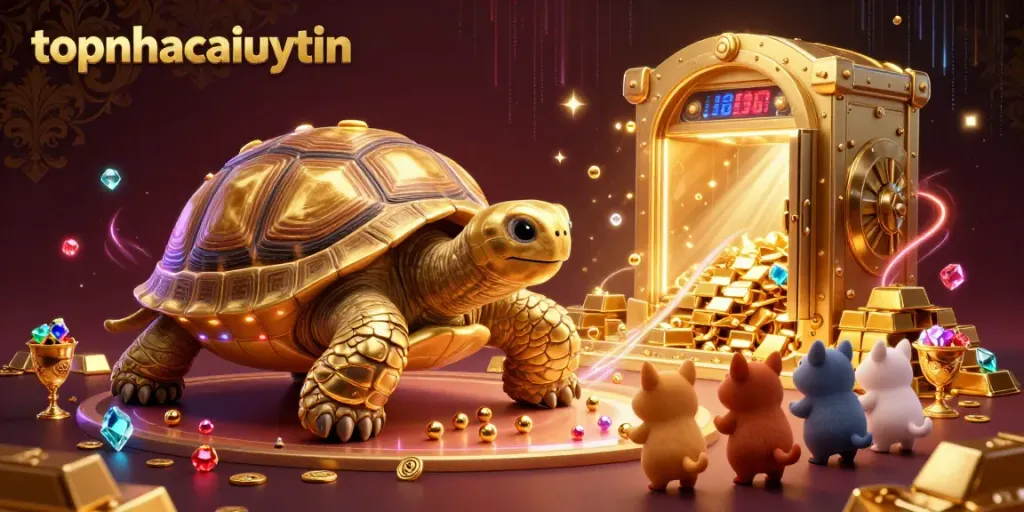 Experience topnhacaiuytin's vibrant casino scene featuring animated characters and golden treasures.
