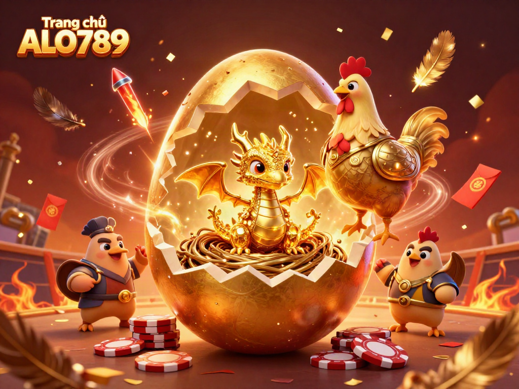 Engage with Trang chủ ALO789 in a vibrant 3D scene featuring a golden dragon amidst poker chips and festive elements.