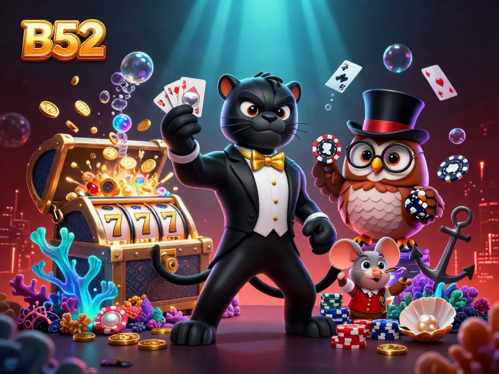 B52 themed casino illustration showcases a stylish panther dealer, lucky owl, and mouse amidst dynamic slot game elements.