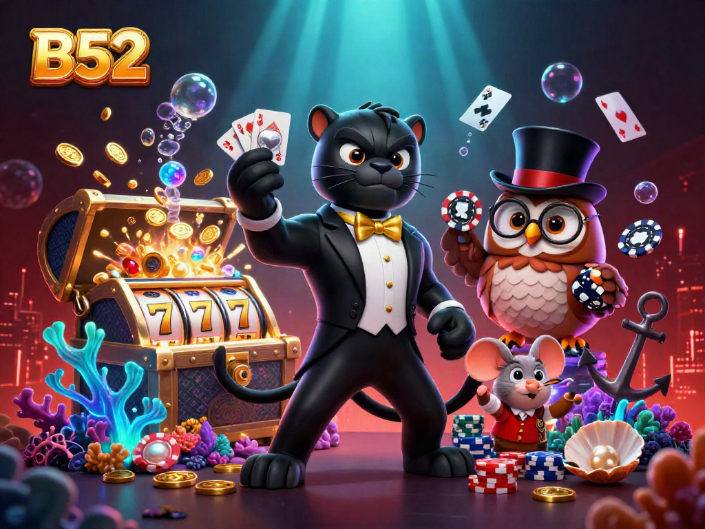 B52 themed casino illustration showcases a stylish panther dealer, lucky owl, and mouse amidst dynamic slot game elements.