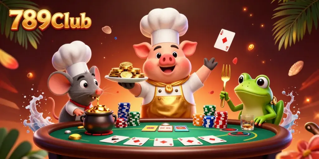 Experience 789CLub with a vibrant scene of a chef pig and friends celebrating winnings.