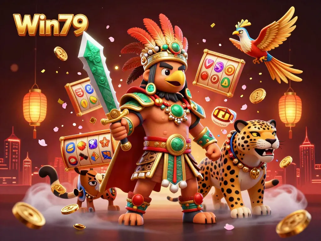 Engage in the vibrant world of Win79 with Aztec warriors surrounded by dynamic casino elements.