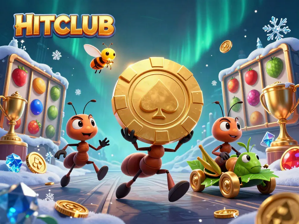 Action-packed HITCLUB scene featuring ants on a heist with a golden poker chip among vibrant slot elements.