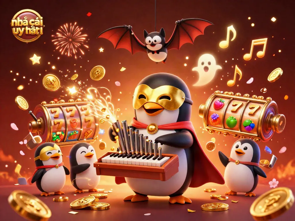 Experience the thrill of nhà cái uy tín with vibrant casino elements, featuring a penguin playing a golden organ amidst fireworks.