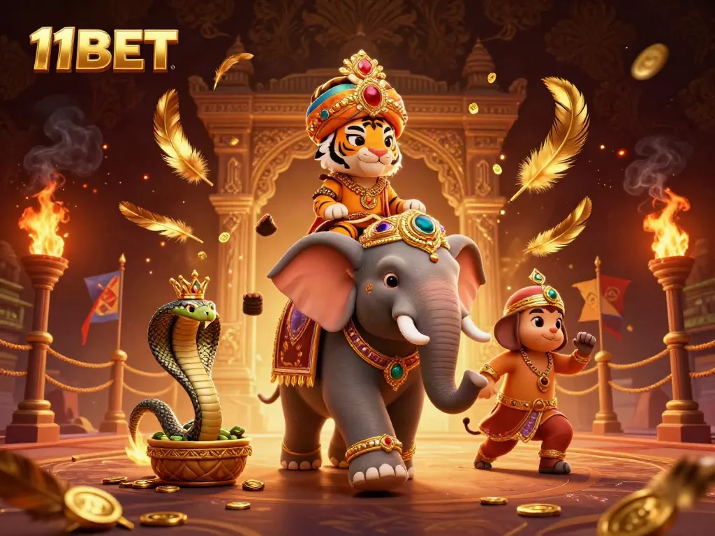 Experience the excitement of 11BET with a vibrant casino-themed illustration featuring a triumphant maharaja.