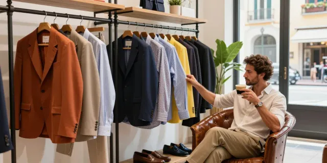 Men's Clothing Online Boutique featuring stylish Italian shirts on display during a final summer sale.