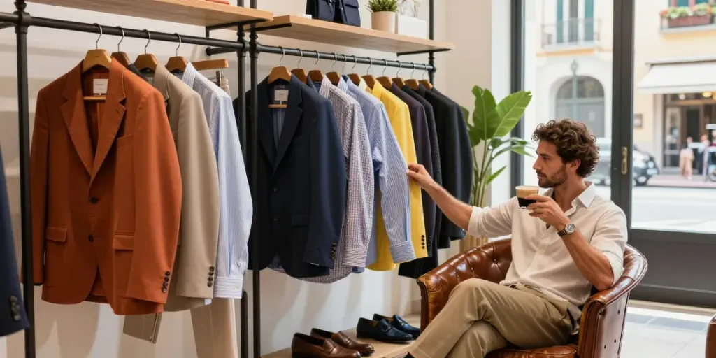 Men's Clothing Online Boutique featuring stylish Italian shirts on display during a final summer sale.
