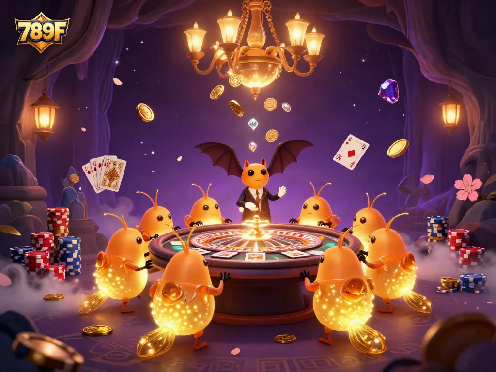 Experience the vibrant casino atmosphere with 789F's glowworm-themed 3D illustration, featuring exciting gaming elements.