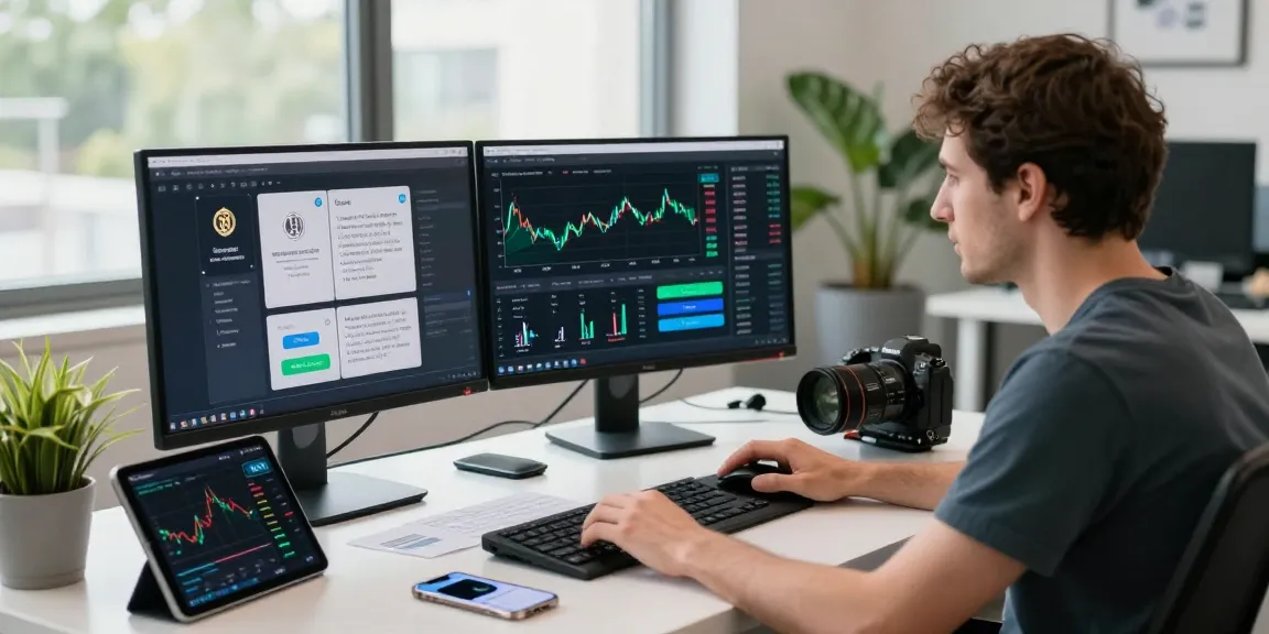 Trader utilizing the maestro bot telegram for cryptocurrency insights in a modern workspace with dual screens.