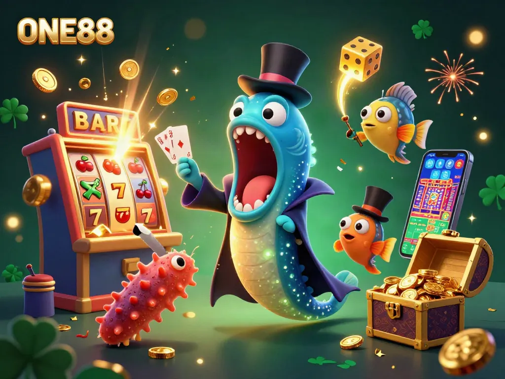 ONE88 showcases a magical casino scene with vibrant characters performing tricks amidst animated gambling elements.