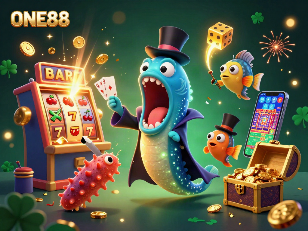 ONE88 showcases a magical casino scene with vibrant characters performing tricks amidst animated gambling elements.