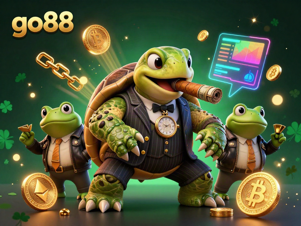 Engage with go88's vibrant casino experience featuring a cartoon turtle mobster and bullfrog enforcers amidst dynamic gaming elements.