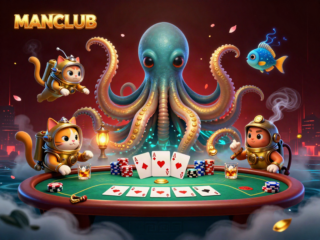 Experience the thrill of MANCLUB with a kraken and divers at a vibrant poker table.