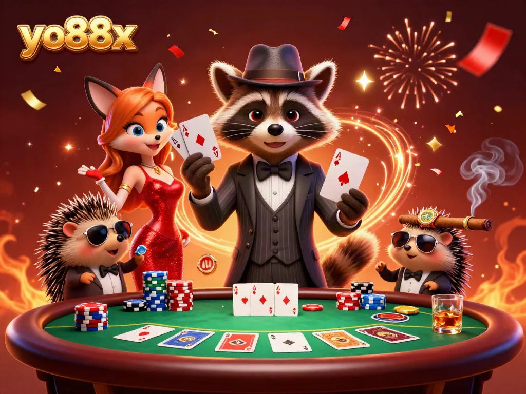 Experience excitement at yo88x with a charismatic raccoon and friends at a lively poker table.