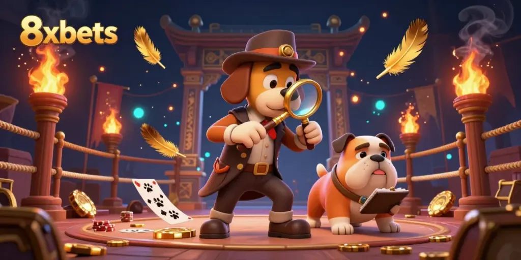 Engage in thrilling gameplay at 8xbets, as a detective duo uncovers hidden treasures amidst vibrant casino elements.