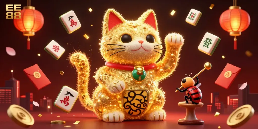Experience the excitement of EE 88 surrounded by a dynamic casino-themed landscape with golden symbols and vibrant colors.