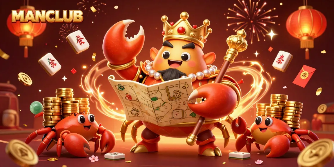 Experience thrilling gameplay at MANCLUB with a lively illustration of our golden crab emperor and festive gaming elements.