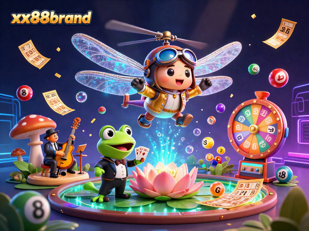 Engage with xx88brand's vibrant casino scene featuring a dragonfly pilot and a frog croupier.