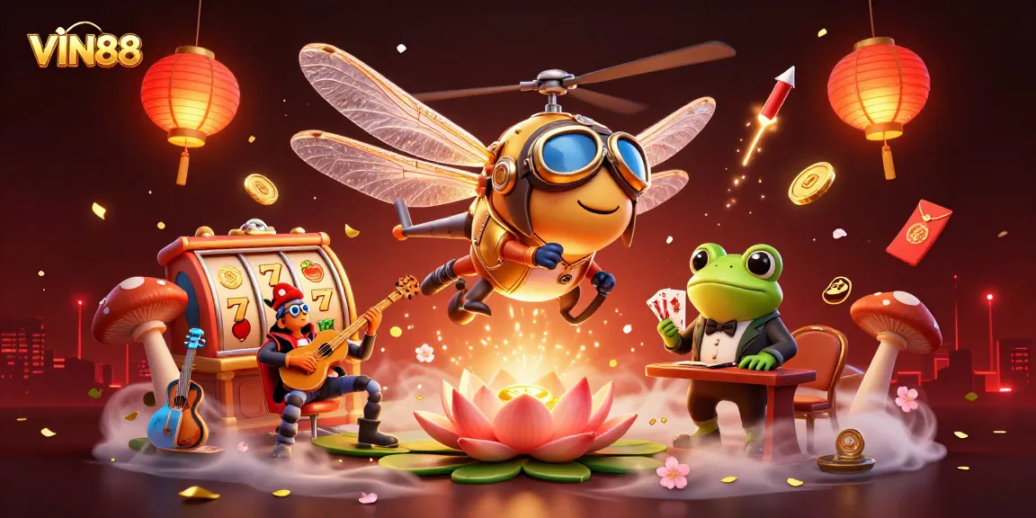 Experience thrilling gaming action at VIN88 with interactive slot reels and vibrant casino characters in a lively atmosphere.