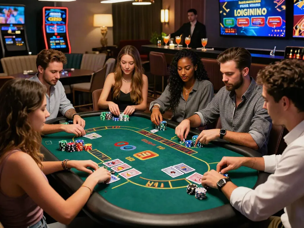 Exciting atmosphere at online credit card casinos with diverse players enjoying games and vibrant promotions.
