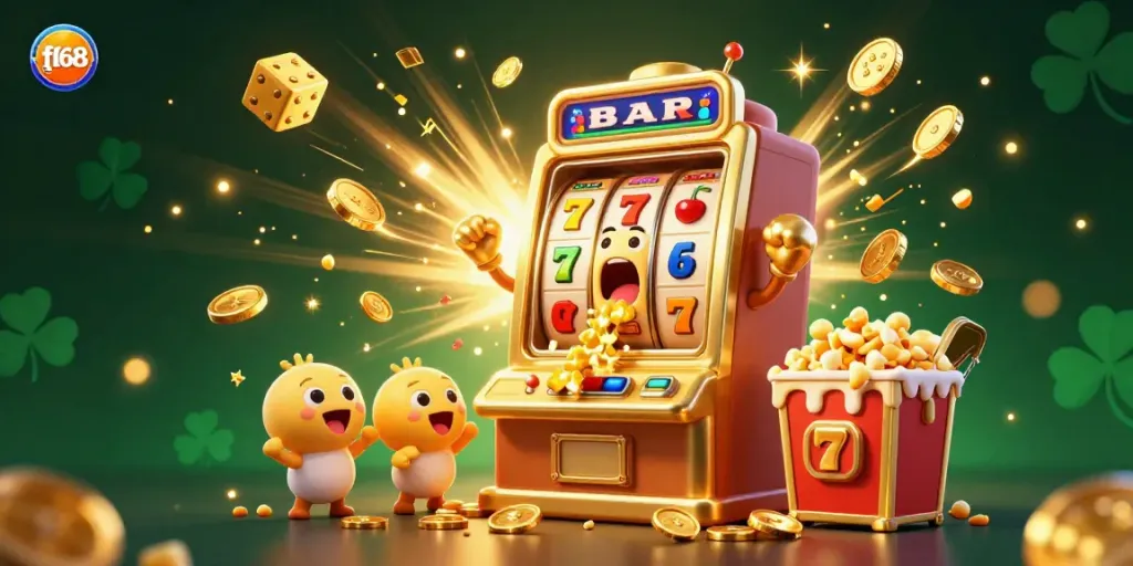Experience the thrill of f168 casino with a vibrant jackpot scene featuring a golden slot machine and cheering small slots.