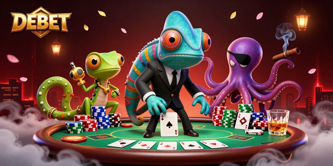 Engage with DEBET while experiencing a vibrant casino scene filled with colorful poker elements and dynamic characters.