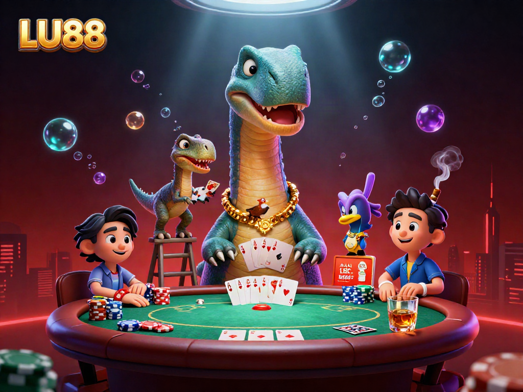 Engage with LU88 casino's vibrant gaming scene featuring a 3D dinosaur and poker action.