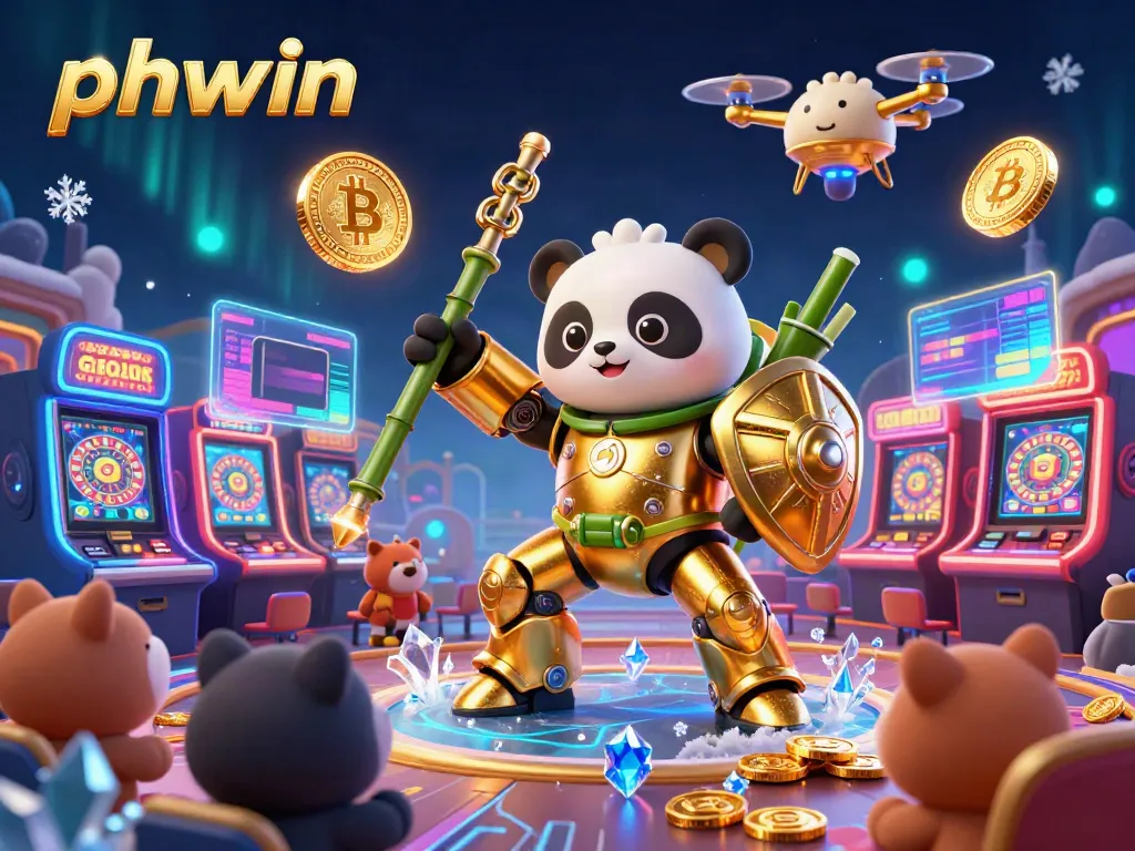 Experience the excitement of phwin with a thrilling mech-suit panda battling in a vibrant casino arena filled with crypto elements.